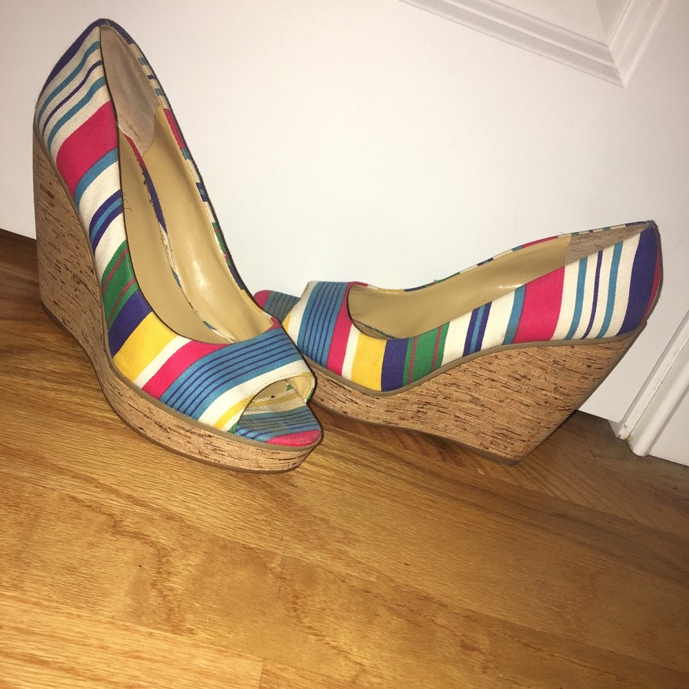 Rainbow striped Nine West wedges